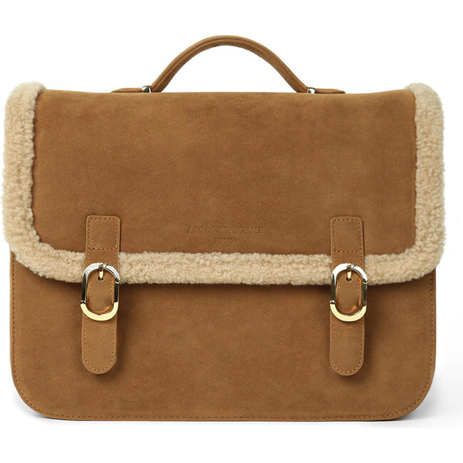 Sansa Shearling Fur Piped Suede School Bag, Camel