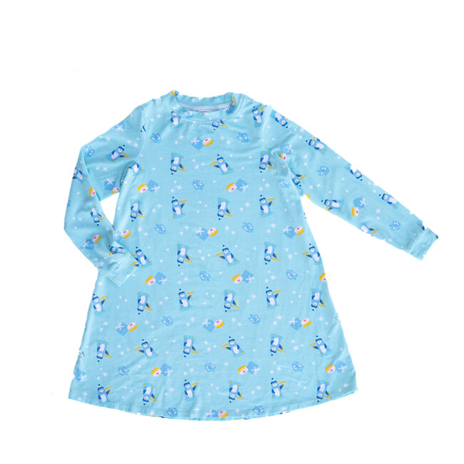 Hanukkah Penguins Long Sleeve Lounge Dress, Blue
