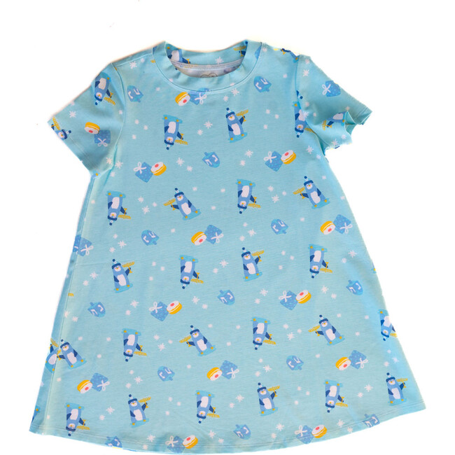 Hanukkah Penguins Short Sleeve Lounge Dress, Blue