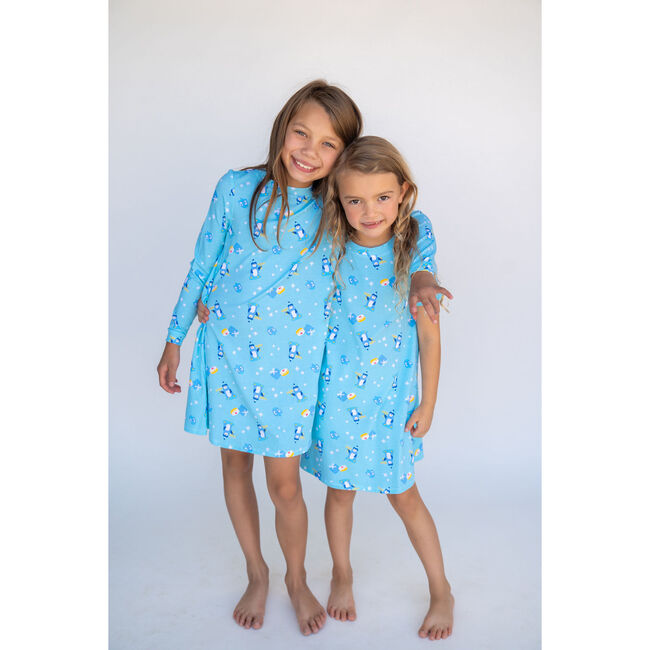 Hanukkah Penguins Long Sleeve Lounge Dress, Blue - Dresses - 4