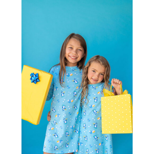 Hanukkah Penguins Long Sleeve Lounge Dress, Blue - Dresses - 5