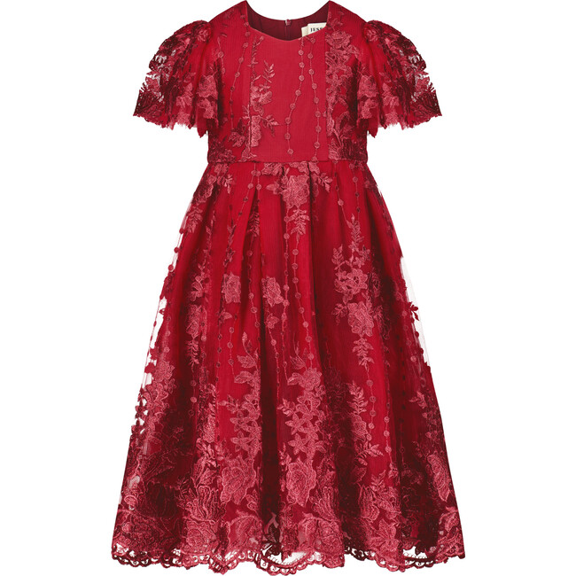 Girls Victorian Floral Lace Dress, Red