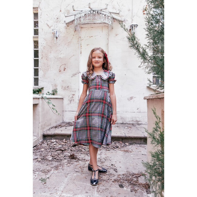 Girls Heidi Plaid Large Peter Pan Collar Dress, Green - Dresses - 2