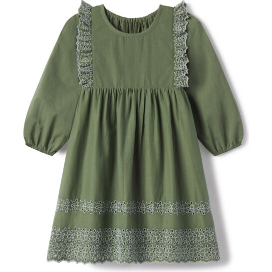 Kate Embroidered Plein Air Eyelet Long Sleeve Dress, Oil Green