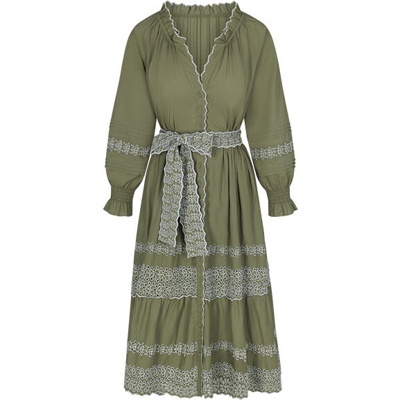 Women's Lele Embroidered Icicle Belted Dress, Oil Green