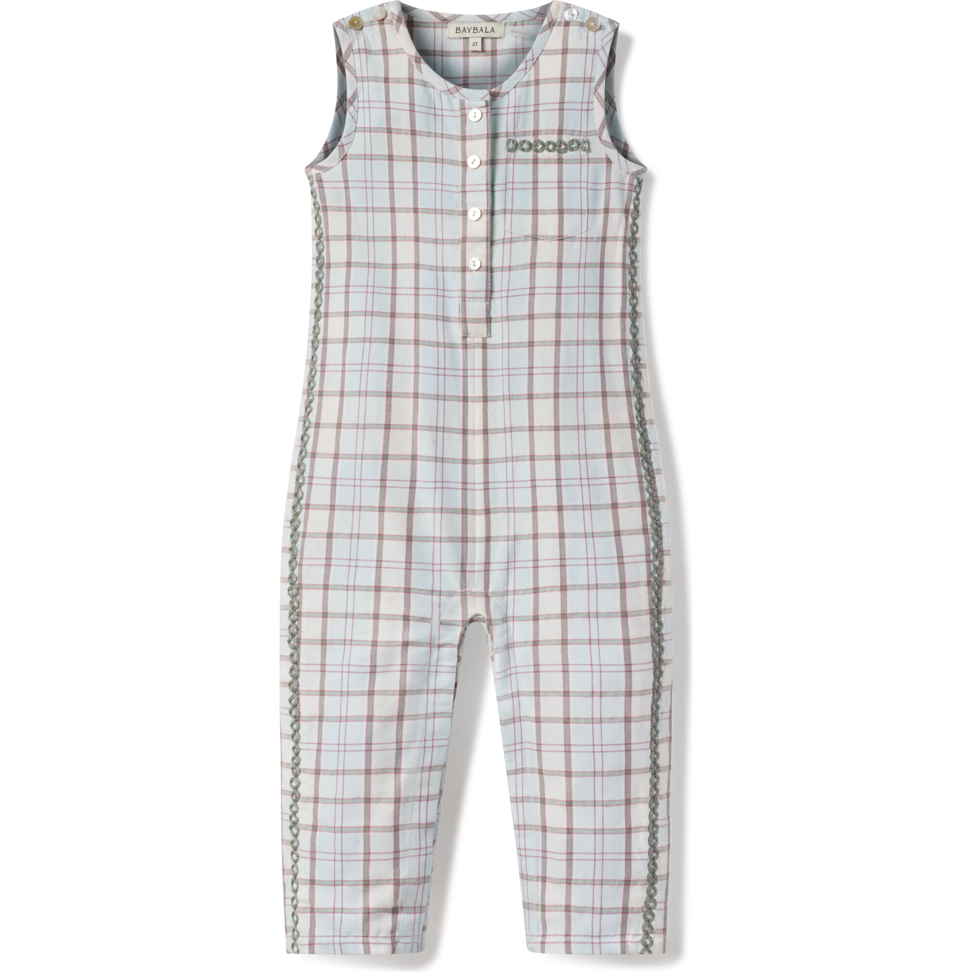 Jonathan Hand Embroidered Peter Pan Collar Romper, Powder Plaid - Rompers - 1