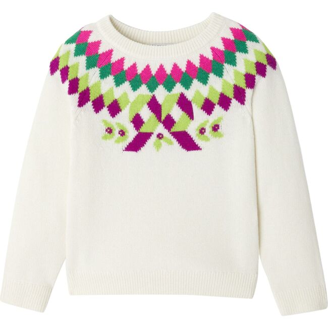 Girl Modern Jacquard Colorful Sweater, Cream
