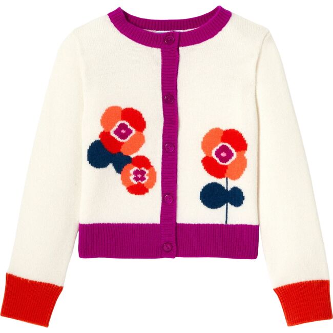 Girl Intarsia Flowers Design Color Block Cardigan, Cream