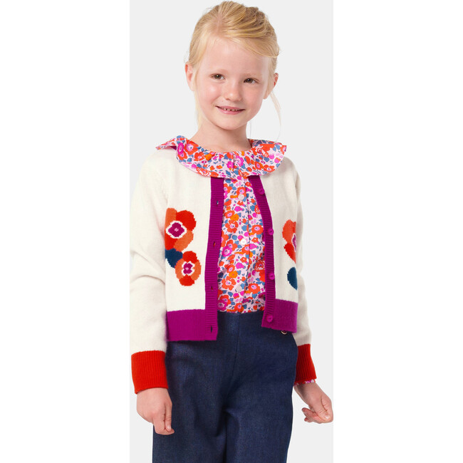 Girl Intarsia Flowers Design Color Block Cardigan, Cream - Cardigans - 2