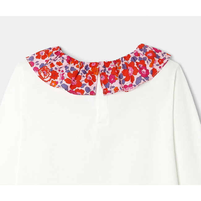 Girl White Long Sleeve T-Shirt with Liberty Betsy Fabric Collar - Shirts - 4