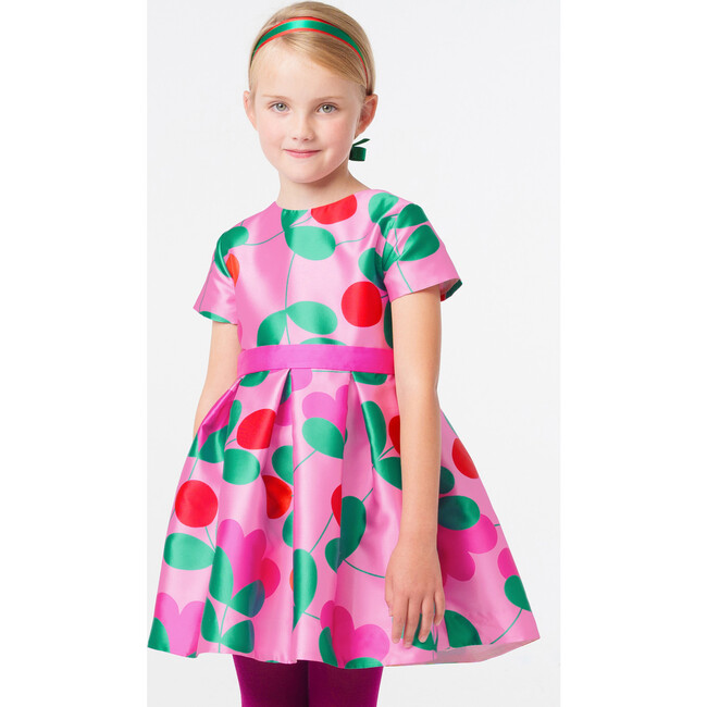 Girl Jacquard Pink Floral Satin Dress, Multi - Dresses - 2