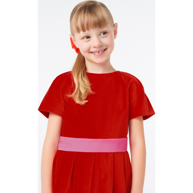 Girl Dark Orange Pleated Velvet Dress with Pink Taffeta Belt - Dresses - 4