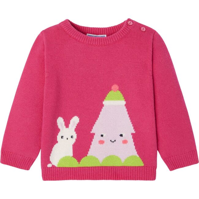 Baby Girl Smiling Fir Tree & Joyful Rabbit Intarsia Sweater, Pink
