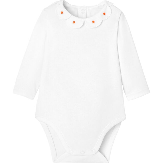 Baby Girl White Long Sleeve Bodysuit with Embroidered Poplin Collar