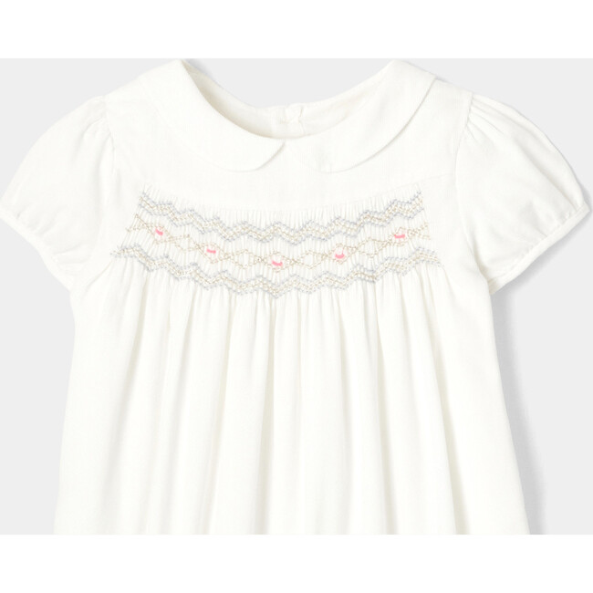 Baby Girl Smocked Velvet Dress withl Peter Pan Collar, Cream - Dresses - 3