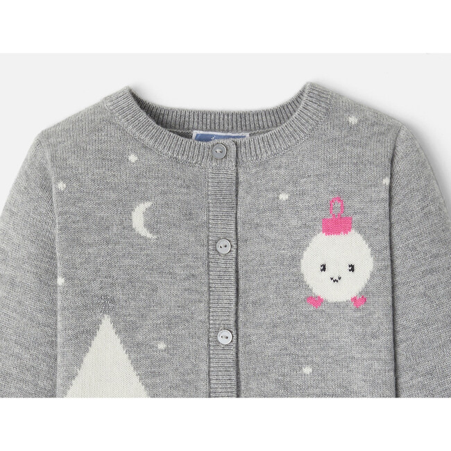 Baby Girl White Fir and Snowballs Intarsia Cardigan, Grey - Cardigans - 5