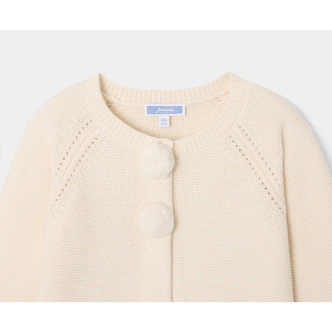 Baby Girl Garter Stitch Pom Pom Cardigan, Cream - Cardigans - 3
