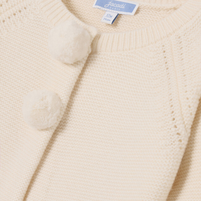 Baby Girl Garter Stitch Pom Pom Cardigan, Cream - Cardigans - 4