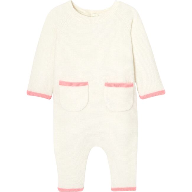 Baby Girl Garter Stitch Pink Trim Jumpsuit, Cream