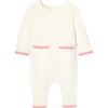 Baby Girl Garter Stitch Pink Trim Jumpsuit, Cream - Bodysuits - 1 - thumbnail
