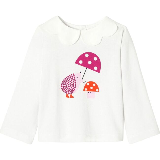 Baby Girl Colorful Pattern Hedgehog and Mushroom Print Long Sleeve T-Shirt, White - Shirts - 1