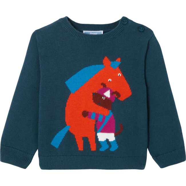 Baby Boy Jockey and Horse Intarsia Sweater, Turquoise