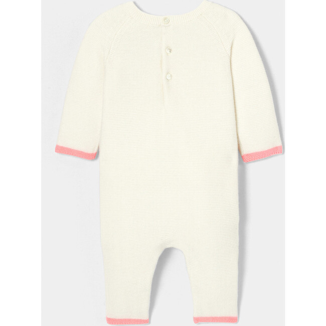Baby Girl Garter Stitch Pink Trim Jumpsuit, Cream - Bodysuits - 2