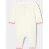 Baby Girl Garter Stitch Pink Trim Jumpsuit, Cream - Bodysuits - 2