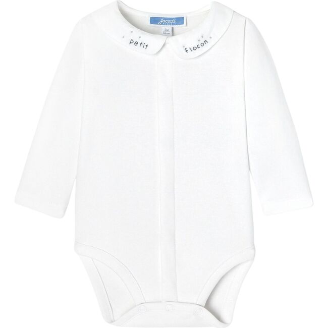 Baby Boy Long Sleeve Bodysuit with Hand Embroidered Poplin Collar, White
