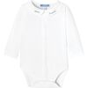 Baby Boy Long Sleeve Bodysuit with Hand Embroidered Poplin Collar, White - Bodysuits - 1 - thumbnail