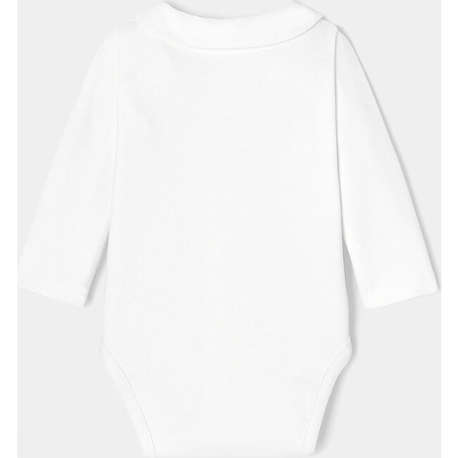 Baby Boy Long Sleeve Bodysuit with Hand Embroidered Poplin Collar, White - Bodysuits - 2