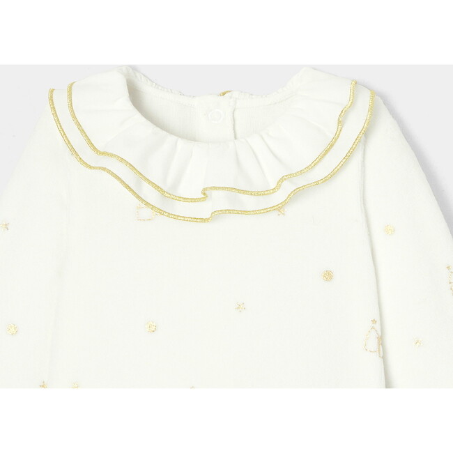 Baby Fancy Gold Patterned Holiday Velvet Pajamas, Cream - Pajamas - 3