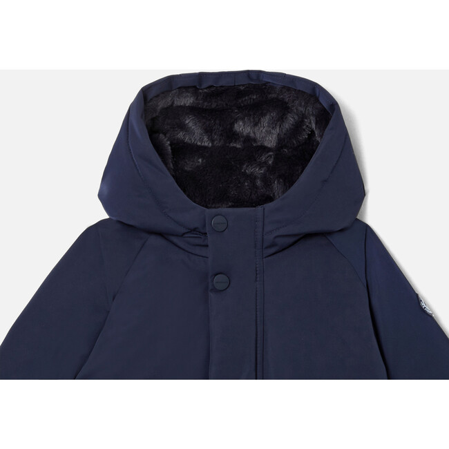 Baby Boy Faux Fur Lined Nylon Hooded Coat, Navy - Coats - 3