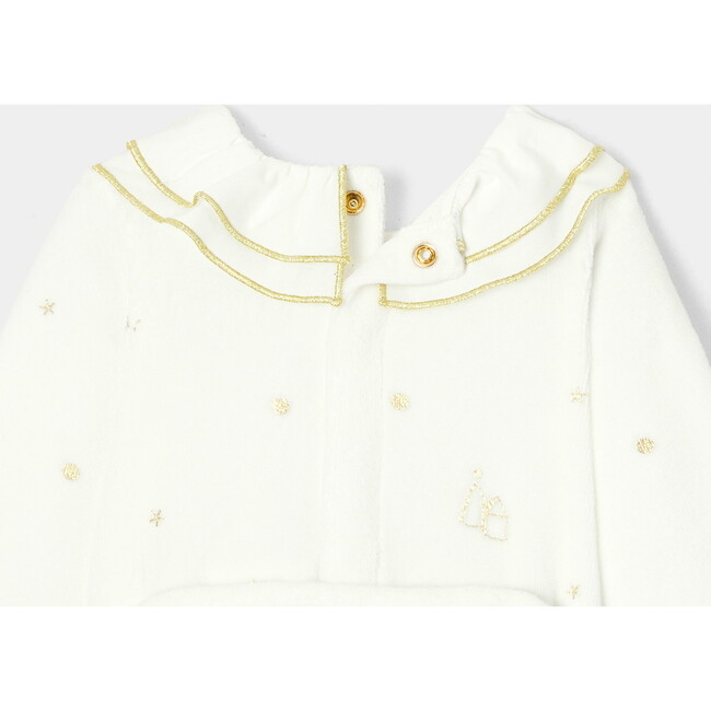 Baby Fancy Gold Patterned Holiday Velvet Pajamas, Cream - Pajamas - 4