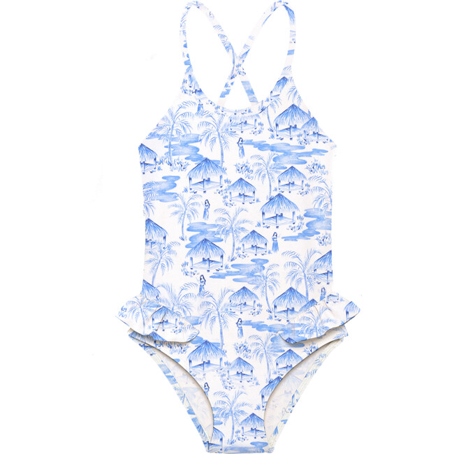 Vahine Design One-Piece Swimsuit, Blue & White