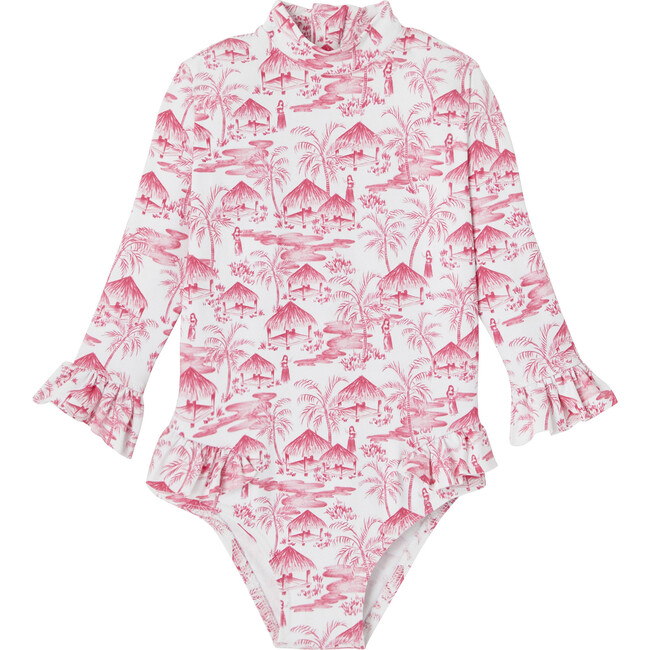 Vahine Pattern Long-Sleeved Baby Swimsuit, Pink & White