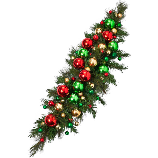 Red, Green, and Gold Ornament Ball & Mixed Pine Long Table Runner