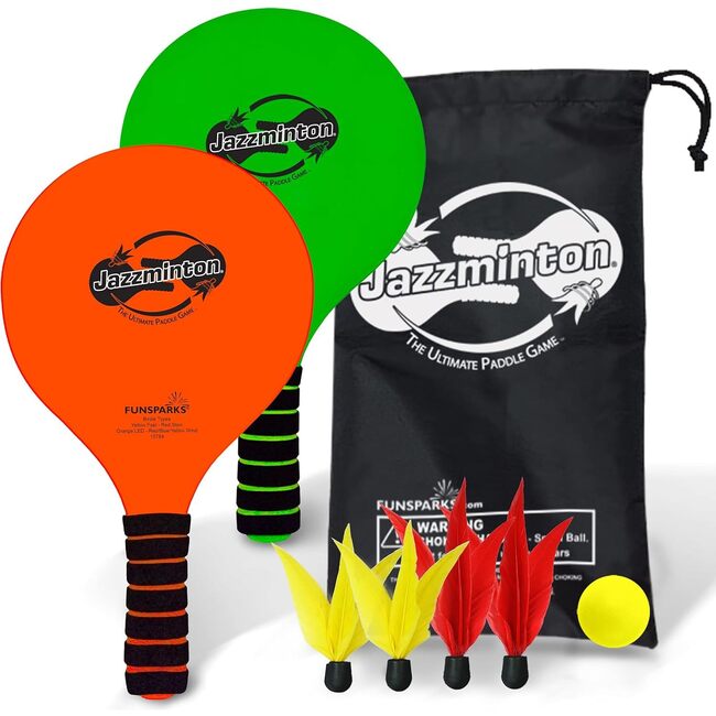 Jazzminton Paddle Ball Game with Carry Bag - Indoor Outdoor Toy w/ 2 Wooden Racquets - 4 Shuttlecocks - 1 Ball - Outdoor Games - 1