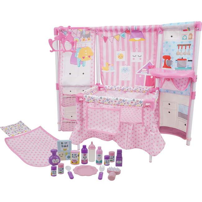 Pink Doll Furniture Set w/ 14" Baby Doll, Built in Highchair & Play Yard