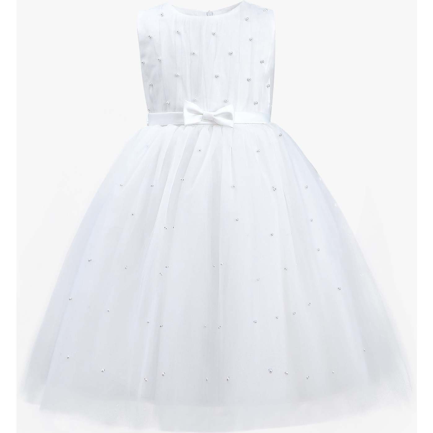 Pearl Bow Tulle Dress, White - Dresses - 1