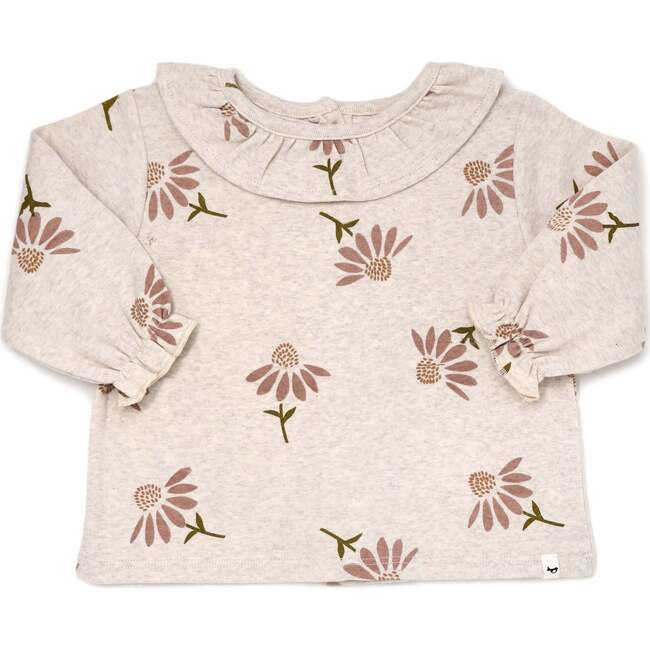 Cone Flowers Print Ruffle Neck Blouse, Sand