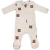 Brown Bear Faces Print Zipper Footie, Sand - Footie Pajamas - 1 - thumbnail