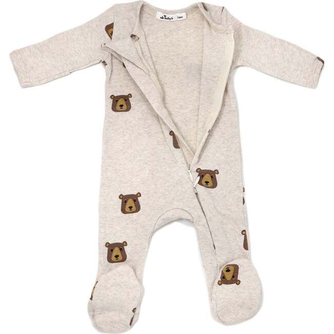 Brown Bear Faces Print Zipper Footie, Sand - Footie Pajamas - 2