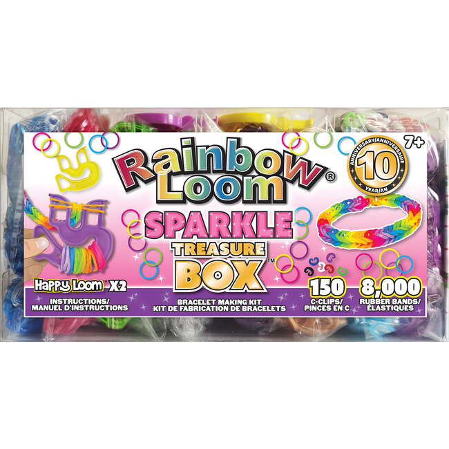 Rainbow Loom Sparkle Rubber Band Treasure Box Edition Friendship Bracelet Making Craft Kit w/ 8,000 High Quality Rubber Bands, 150 Clips and Carrying Case