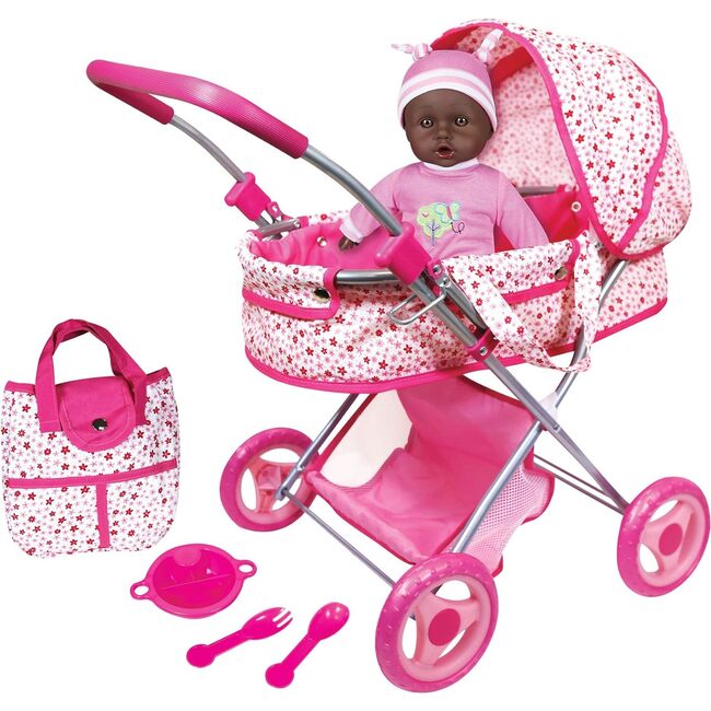 Lissi Deluxe Doll Pram with 13" African American Baby Doll - Includes Baby Doll, Doll Pram, Diaper Bag & Accessories