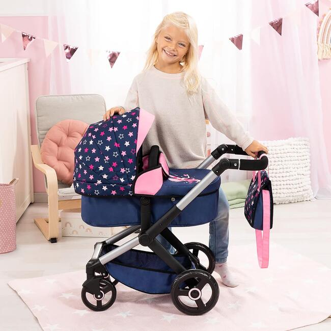 Bayer Design Dolls: Pram w/ Shoulder Bag - Blue, Pink, Stars - Doll Accessories - 2