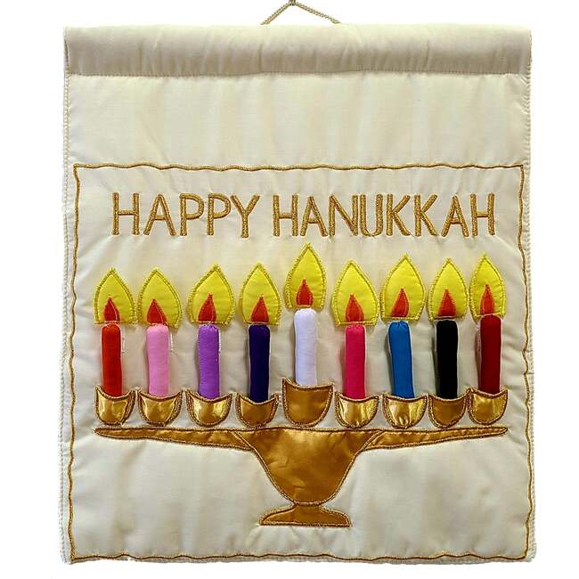Happy Hanukkah Ivory Menorah Jewish Wall Hanging