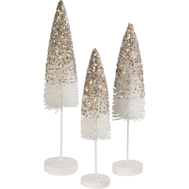 Platinum Glitter Flocked Bottle Brush Trees, Set of 3