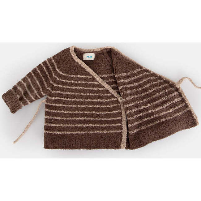 Fuzzy Striped Long Sleeve Wrap Top, Choco & Pecan - Sweaters - 2