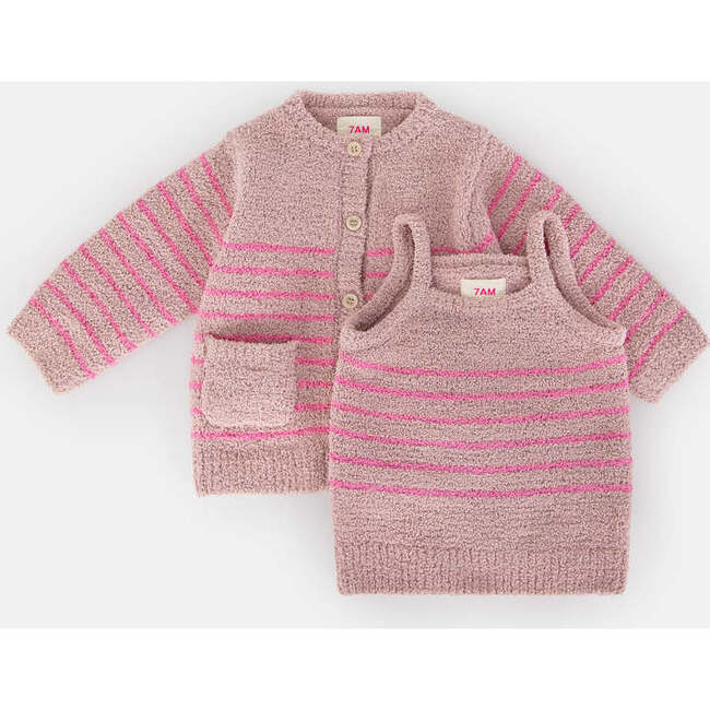 Fuzzy Striped Camisole & Cardigan Set, Ash Rose & Vivid Pink